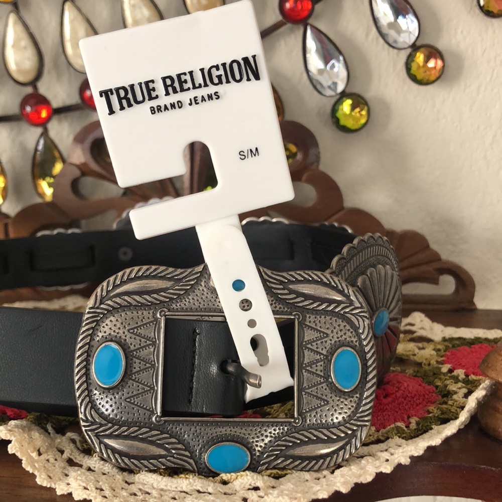 NWT True Religion Silver/Turquoise Concho Black Belt - Size S/M - Picture 1 of 8